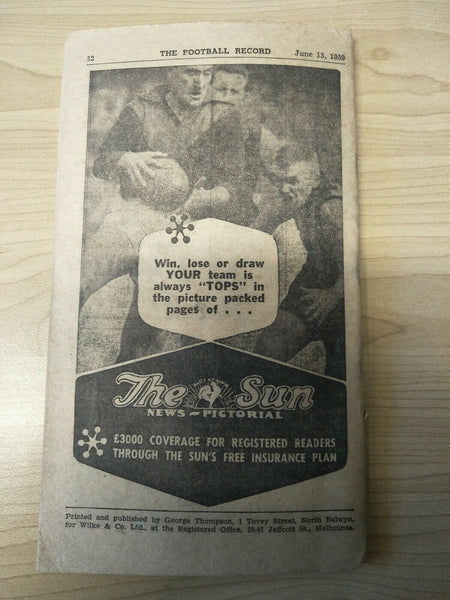 VFL 1959 June 13th Football Record Fitzroy v Collingwood