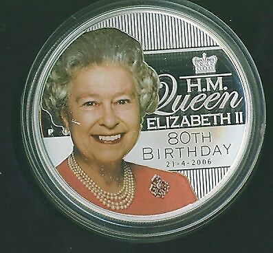 2006 $1 Coloured 80th Birthday of QEII 1oz 99.9% Silver