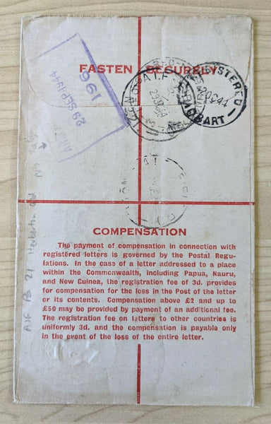 Australia WWII Military Mail Registered Passed By Censor to Tattersalls Tasmania