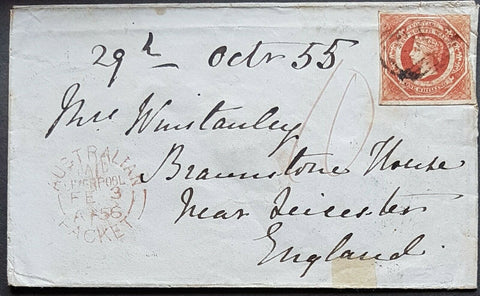 NSW- GB 1/-  Diadem SG99 entire Grafton 1-11-1855 to Liverpool Australian Packet