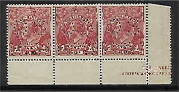 Australia KGV SG 054 ? 1d Red Die 1, perforated "OS NSW" in strip of 3  MLH
