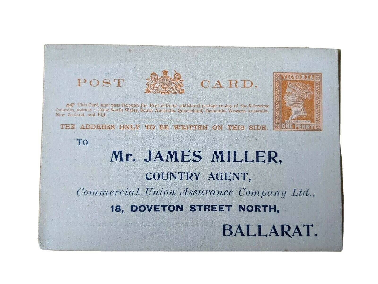 Victoria 1d Post Card Mint Commercial Union Assurance Co Ballarat J Miller Agent