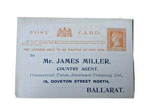 Victoria 1d Post Card Mint Commercial Union Assurance Co Ballarat J Miller Agent