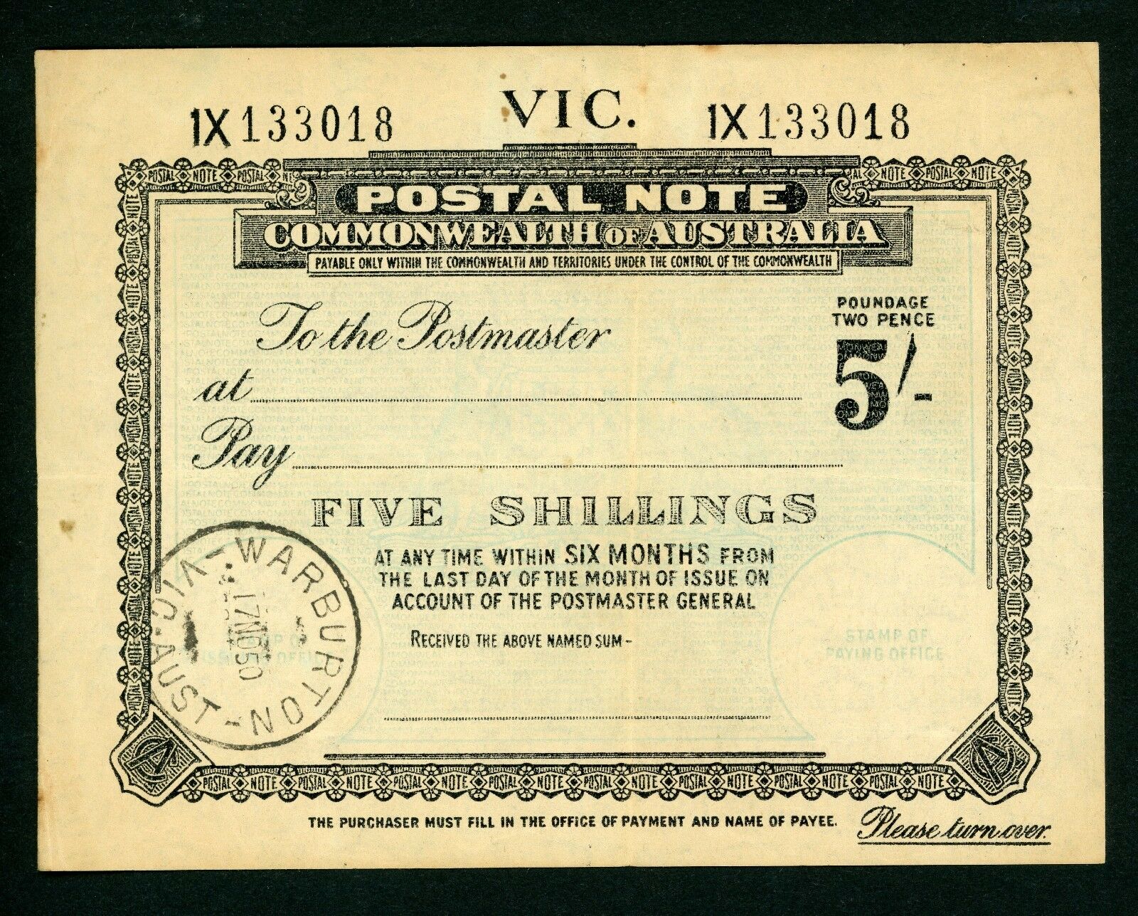 Australia Victoria 5/- Postal Note banknote postal stationery use Warburton 1950