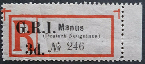 3d GRI on German New Guinea Manus Registered label SG 39 Mint creased