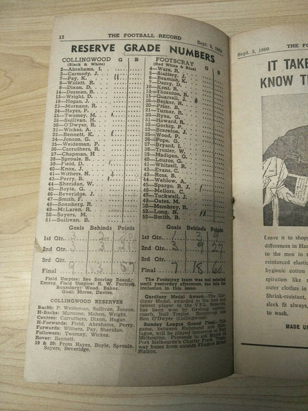 VFL 1960 Sept 3 1st Semi Final Essendon v Collingwood Football Record