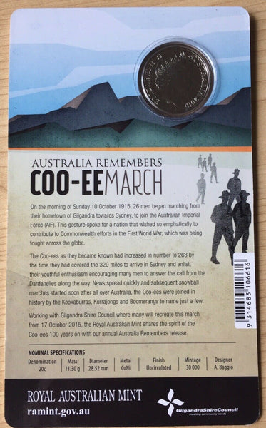 Australia 2015 Royal Australian Mint 20c Australia Remembers Coo-ee March Uncirculated Carded Coin