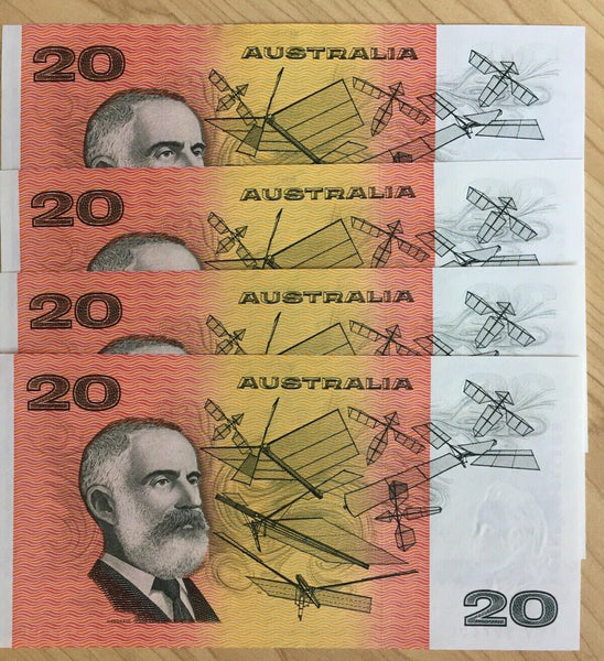 Australia R409a $20 Johnston/Fraser OCRB serial No. Banknote Run of 4 Uncirc