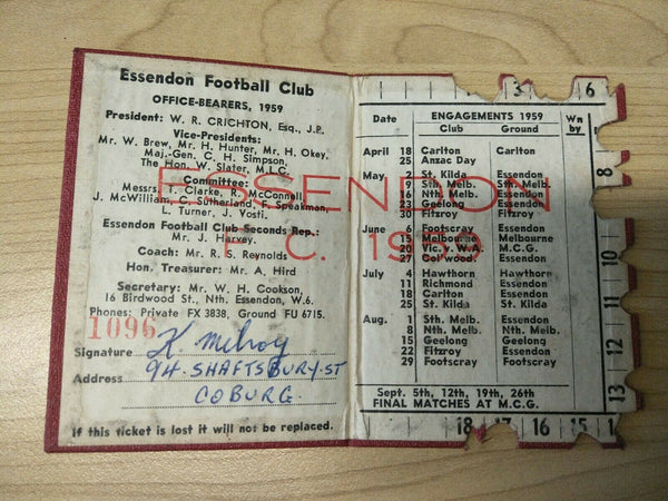 VFL 1959 Essendon Football Club Membership Season Ticket No. 1096