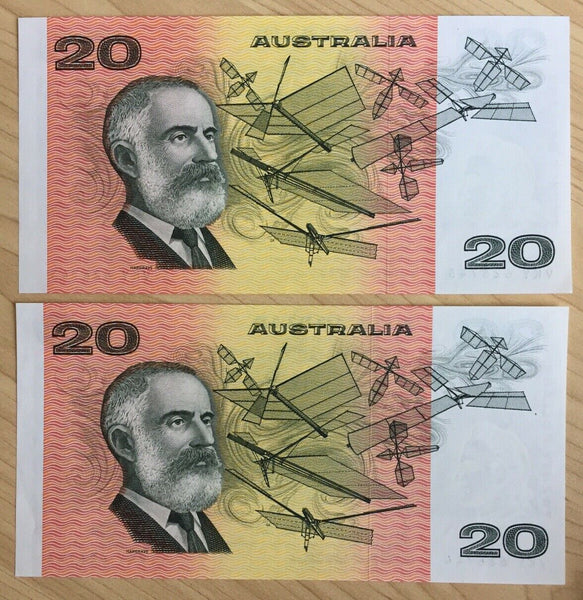 Australia R408 1983 $20 Johnston/Stone Banknote Uncirculated Consecutive Pair