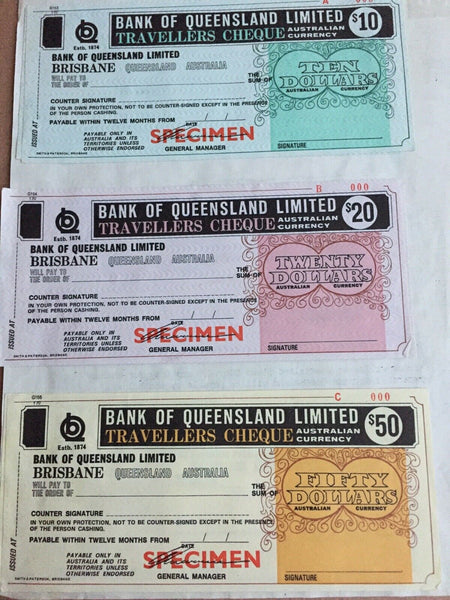 Australia 1968 $10, $20 & $50 Travellers Cheques Overprinted Specimen