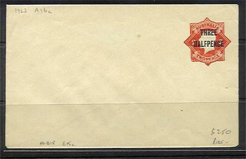 Australia Embossed Envelope 2d red revalued Three Halfpence KGV Mint