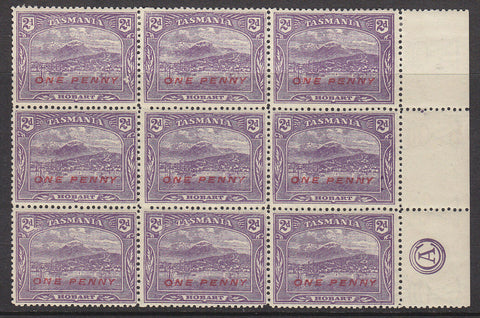 Tasmania Australian States SG260 1d on 2d monogram  block of 9 (6 mint unhinged)