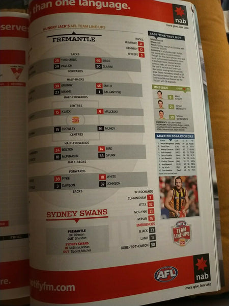 2013 2nd Preliminary Final AFL Football Record Fremantle v Sydney