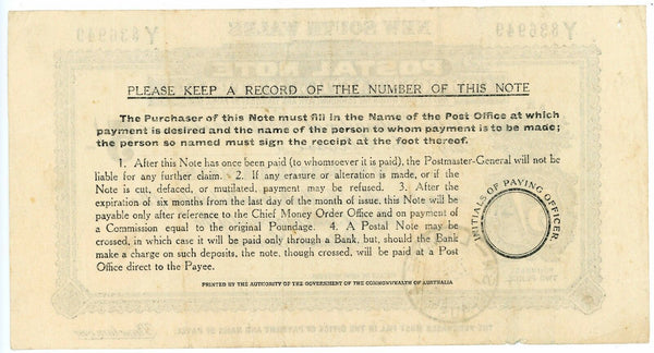 Australia NSW 5/- Postal Note bank note postal stationery used Lismore 1940s