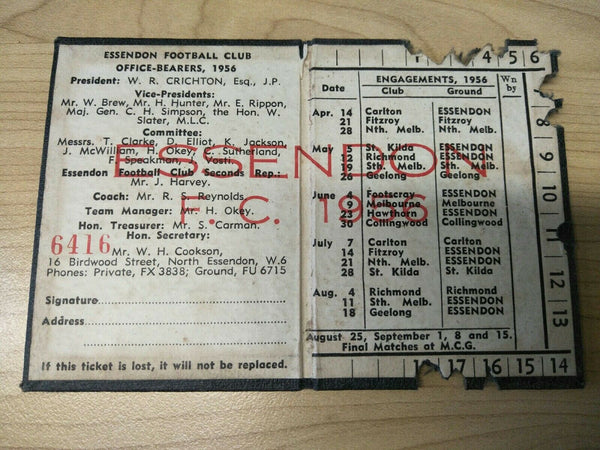 VFL 1956 Essendon Football Club Membership Season Ticket No. 6416