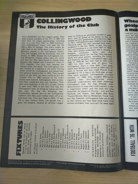 Collingwood Football Club Seniors 1976 Magazine Which Folds Out To Poster