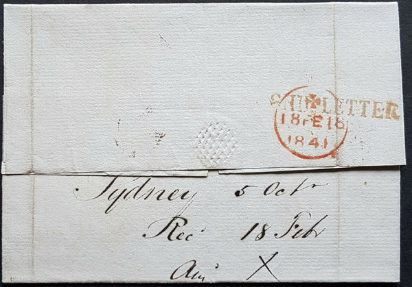 NSW Pre stamp ship letter Sydney Oc 7 1840 to London 18 Fe 1841