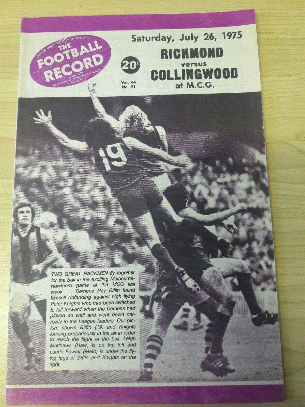 VFL 1975 Football Record July 26 Richmond v Collingwood