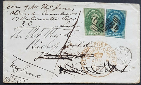 Tasmania - GB, 2d, 4d Imperforate Chalons 1859 redirected cover from Hobart Town