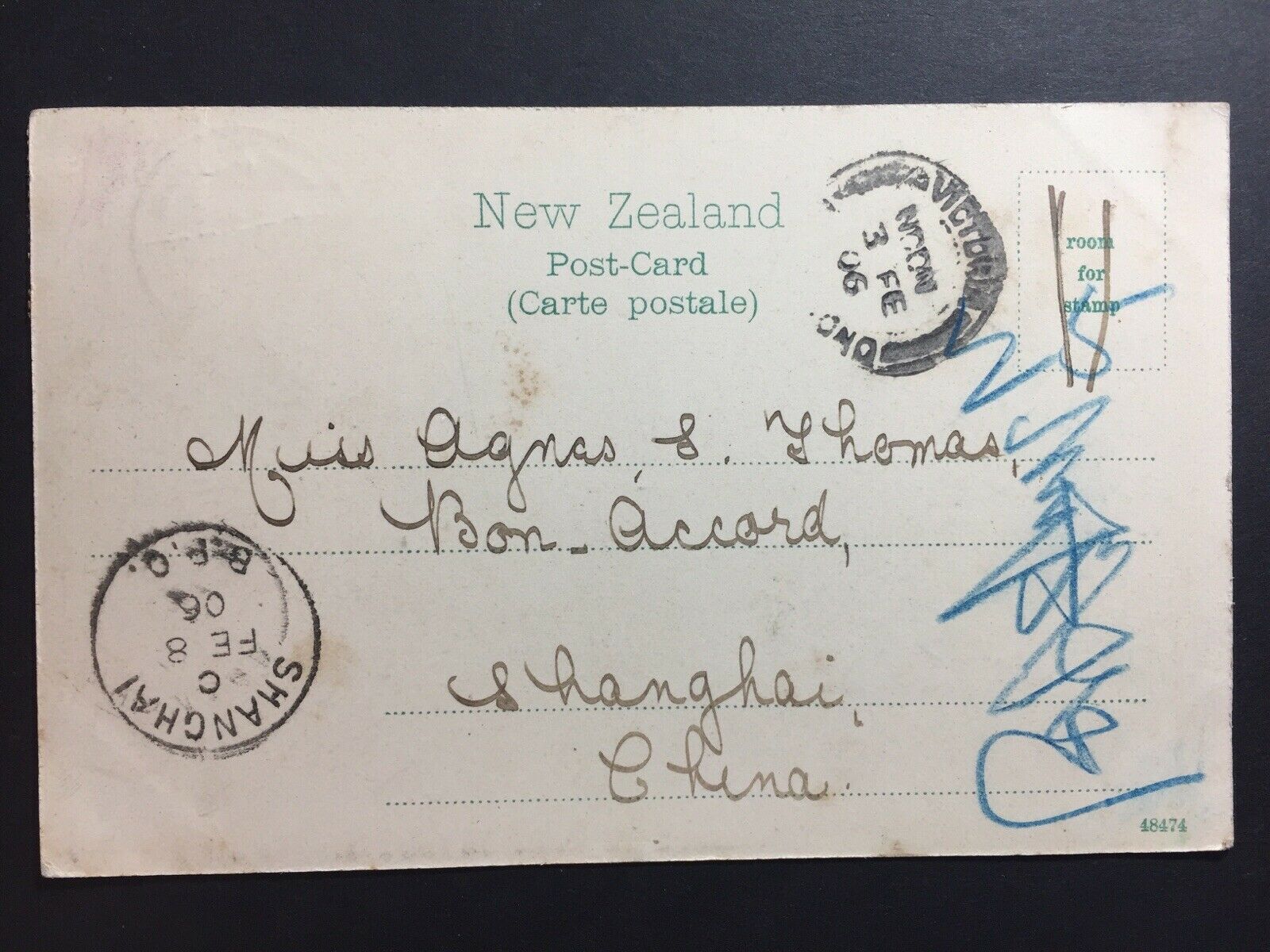 China- Shanghai Inwards 1905 Auckland PPC New Zealand/HK/BPO Shanghai Markings