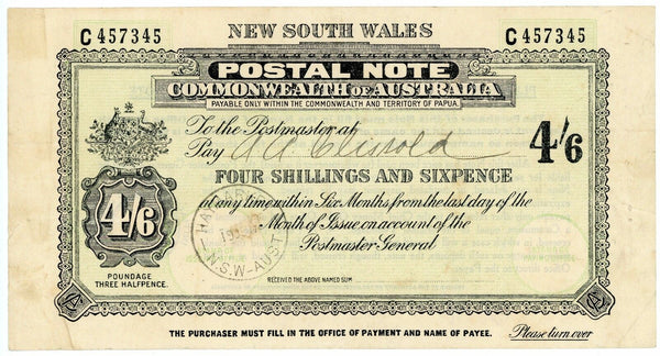 Australia NSW 4/6 Postal Note Bank note postal stationery used Haymarket 1940s