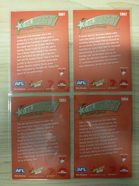 2016 Select Orange Star Burst Sydney Swans Team Set Of 4 Cards