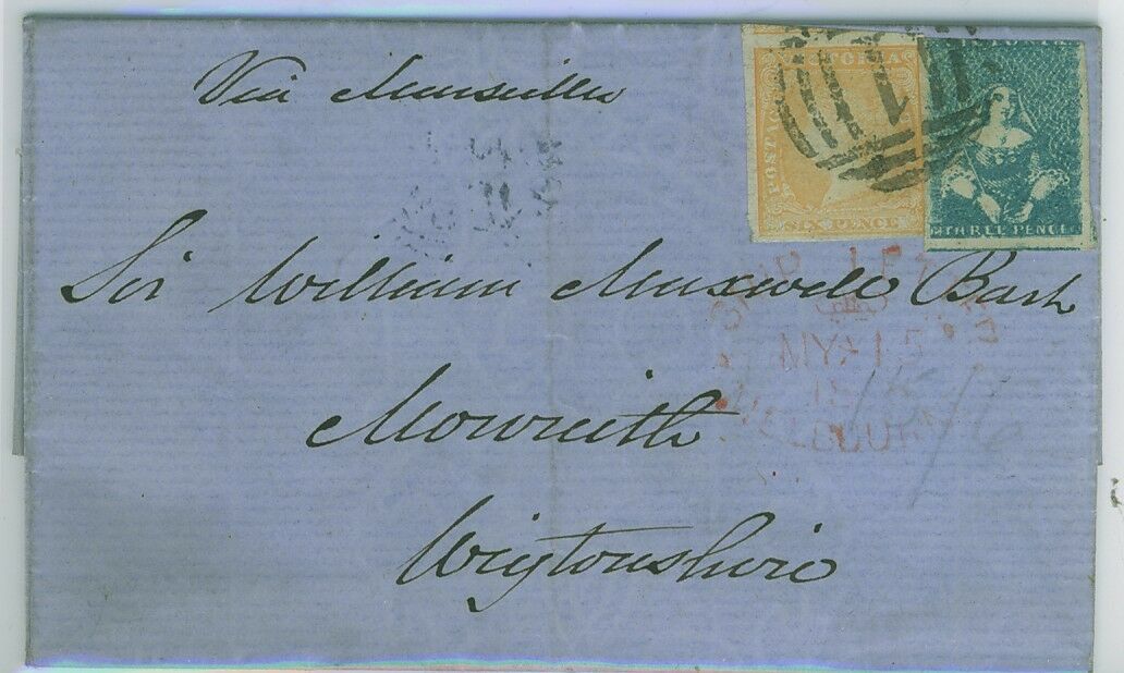 Victoria 3d Half length SG 29a, 6d Orange on 1858 (15 May) entire Melb to U.K.