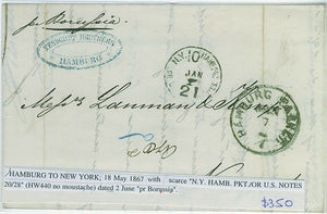 Germany USA 1867 Entire from Hamburg to New York with scarce marking.