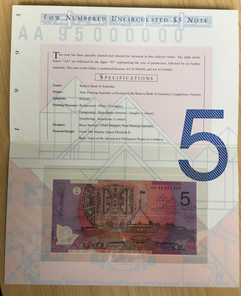 Australia 1995 $5, $10 & $20 Banknote Folders Matching Serial Numbers AA95001899