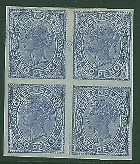 Queensland SG 189 2d pale blue Proof in imperf block of 4 with part double print