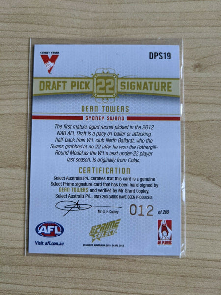 2013 AFL Select Prime Draft Pick Signature DPS19 Dean Towers Sydney