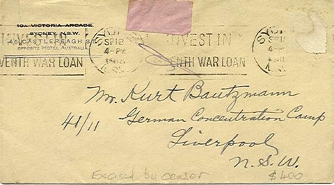Australia Liverpool Internment Camp WW1 cover with stamp removed by censor