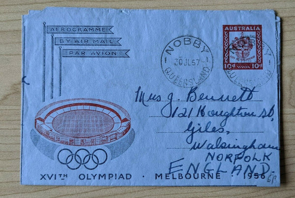 Australia 1956 Olympics aerogramme with MELBOURNF error sent from QLD to GB