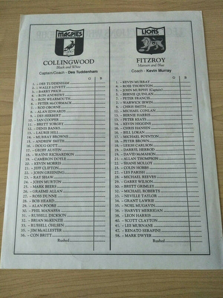 AFL 1992 Return Of The Champions Collingwood v Fitzroy Football Record