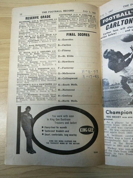 VFL 1967 July 1 Football Record Melbourne v Collingwood