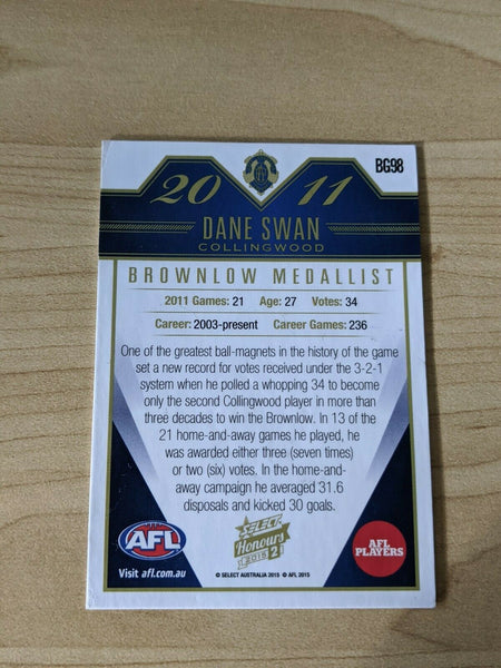 2015 Select Honours 2 Brownlow Gallery Dane Swan Collingwood Hand Signed Card