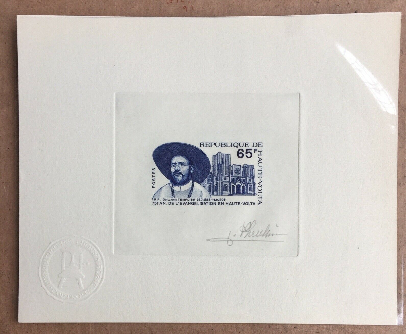 Upper Volta 75th Anniversary of Evangelisation 65f. Artist Signed Die Proof