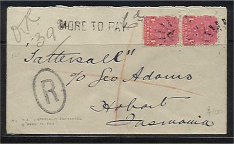 NSW 1901 1d arms stars Tattersalls Registered letter with MORE TO PAY