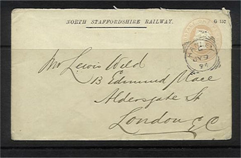 GB 1894 North Staffordshire Rail embossed envelope to London. Postal Stationery