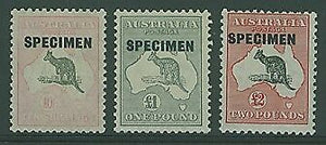 Australia SG 136-8S Kangaroo animal map10s, £1,£2 opd SPECIMEN C of A wmk MLH
