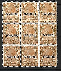 Nauru overprint on Great Britain 2d KGV (Die II ) block of 9 SG5 MUH