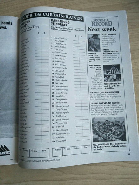 AFL 1995 Qualifying Final Football Record Essendon v West Coast