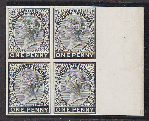 SA Australian States 1875 1d black imperforate plate proof block 4 on card.