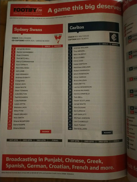 2013 1st Semi Final AFL Football Record Sydney v Carlton