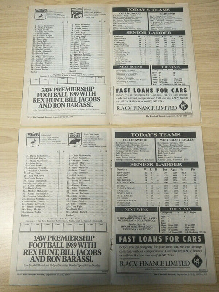 Lot Of 1989 VFL Football Records Collingwood Games x 22
