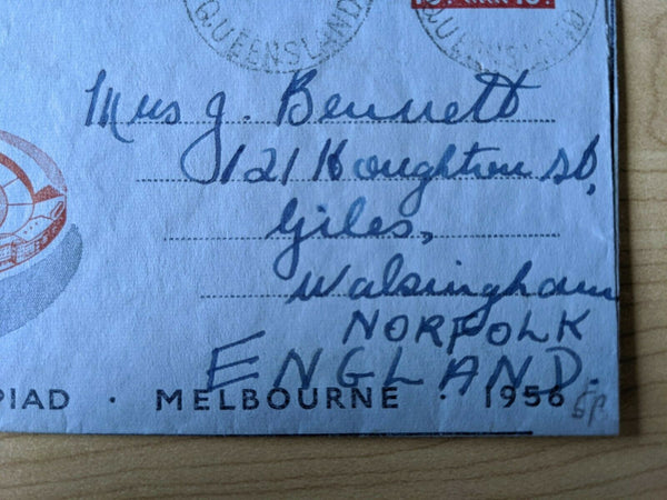 Australia 1956 Olympics aerogramme with MELBOURNF error sent from QLD to GB