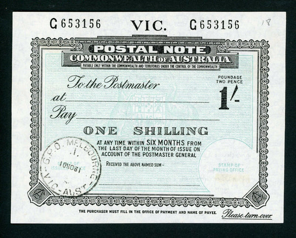 Australia Victoria 1/- Postal Note banknote postal stationery used Melbourne1961