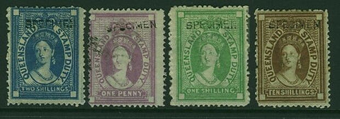 Queensland SG F16-22 postal fiscals 1d, 1/-, 2/- and 10/- optd SPECIMEN MH