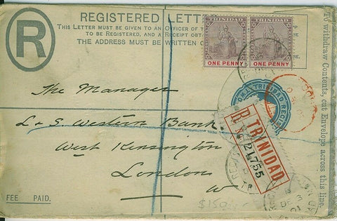 Trinidad and Tobago KGV Registered Letter Stationery to London GB